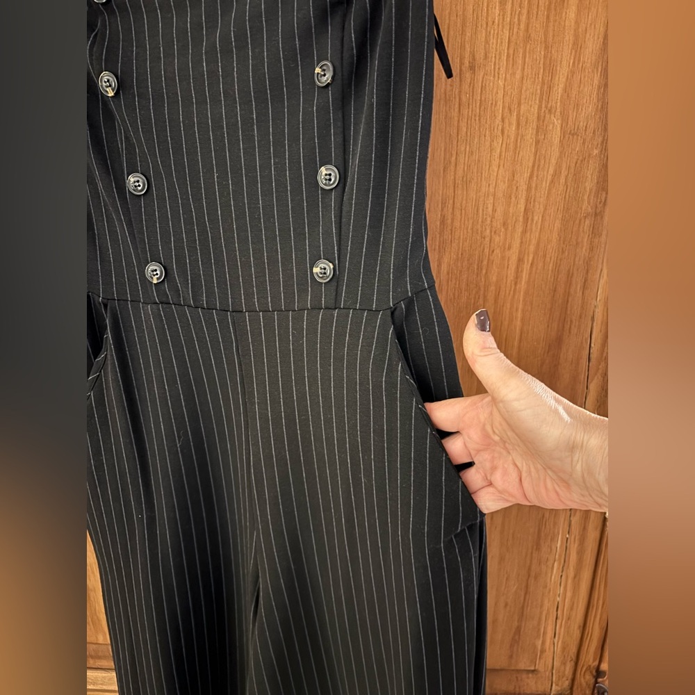 Anthropologie Maeve Dark Navy-Gray Pinstripe Jumpsuit - Picture 5 of 15